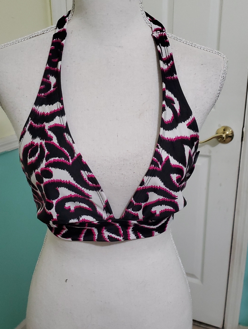 Catalina Y2K Retro Black White Pink Leopard Deep V Halter Bikini Top S